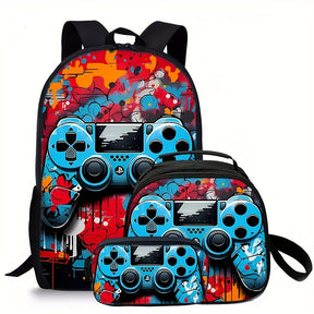 Kit Escolar com Estampa de Controle de Jogo - Mochila, Lancheira e Estojo