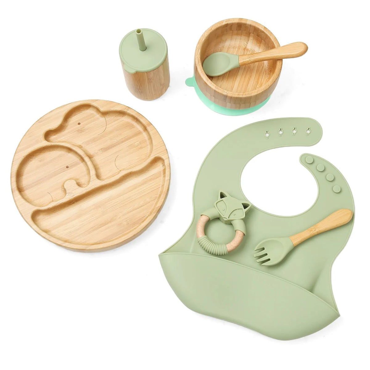 Kit Alimentação Em Bambu e Silicone 7 peças