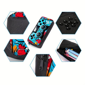 Kit Escolar com Estampa de Controle de Jogo - Mochila, Lancheira e Estojo